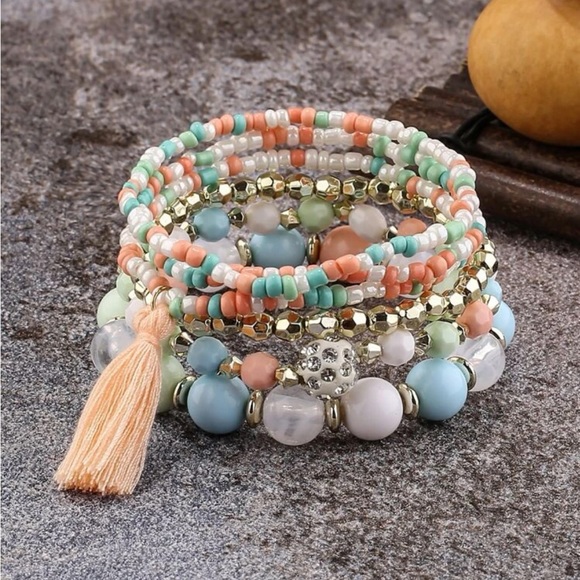 6pc Pastel Beaded Tassel Bracelets - Picture 1 of 4